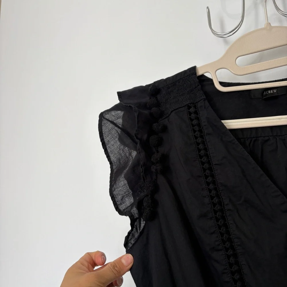 J‎ Crew black pom-pom midi dress cotton voile w flutter sleeves v-neck Size 4